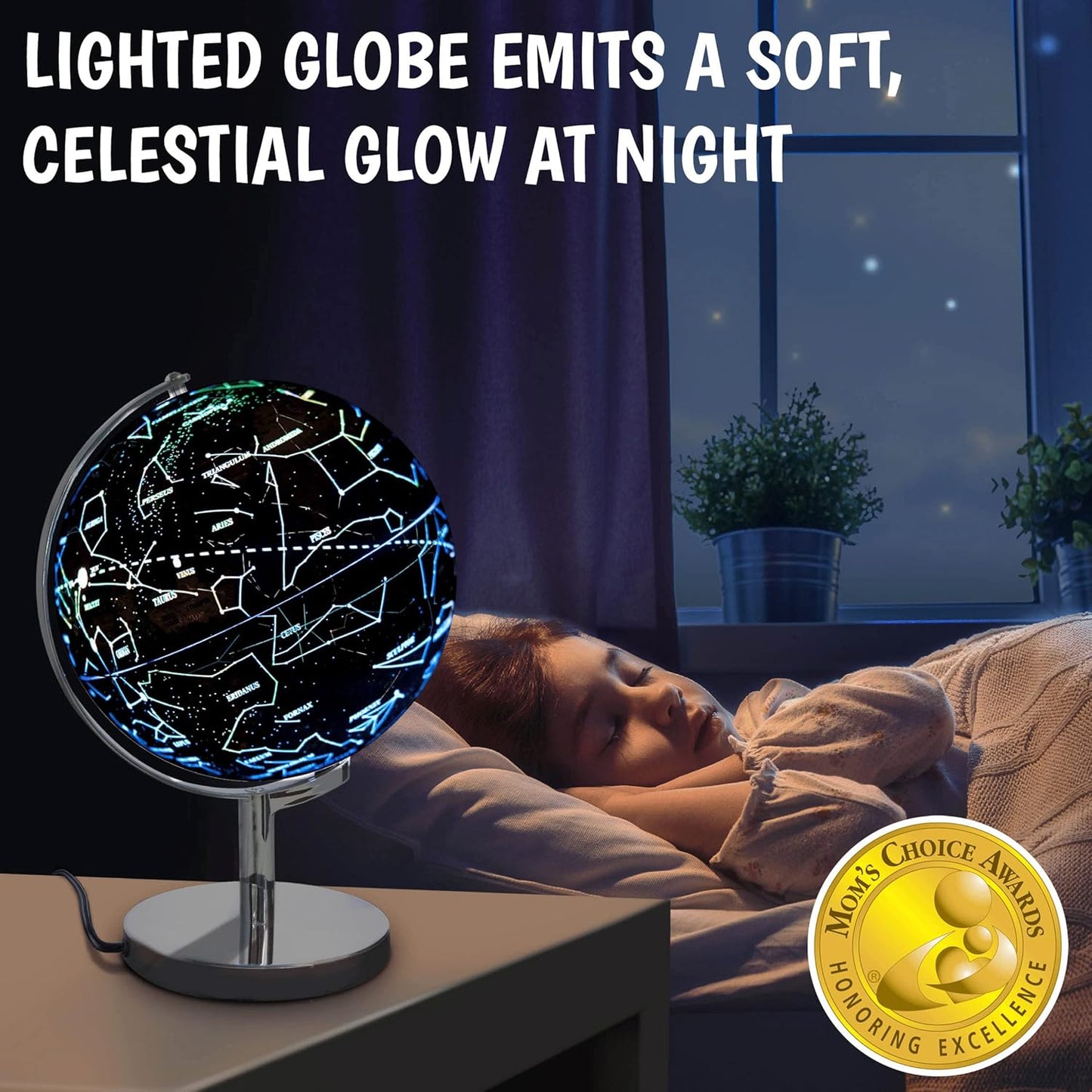 USA Toyz Illuminated Globe for Kids Learning- 3-in-1 STEM Globes of the World with Stand, Constellation Map, Built-in LED Night Light Desk Globe Lamp, Non-Tip Metal Base, 9.75” Tall, 7 Inch Diameter