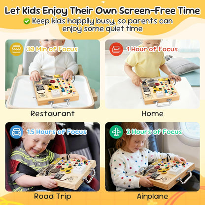 Wooden Busy Board with LED Light，Montessori Baby Learning Toys for Toddlers , Sensory Activity Board , Travel Educational Toy Boy & Girl Birthday Gift (Black Handle)