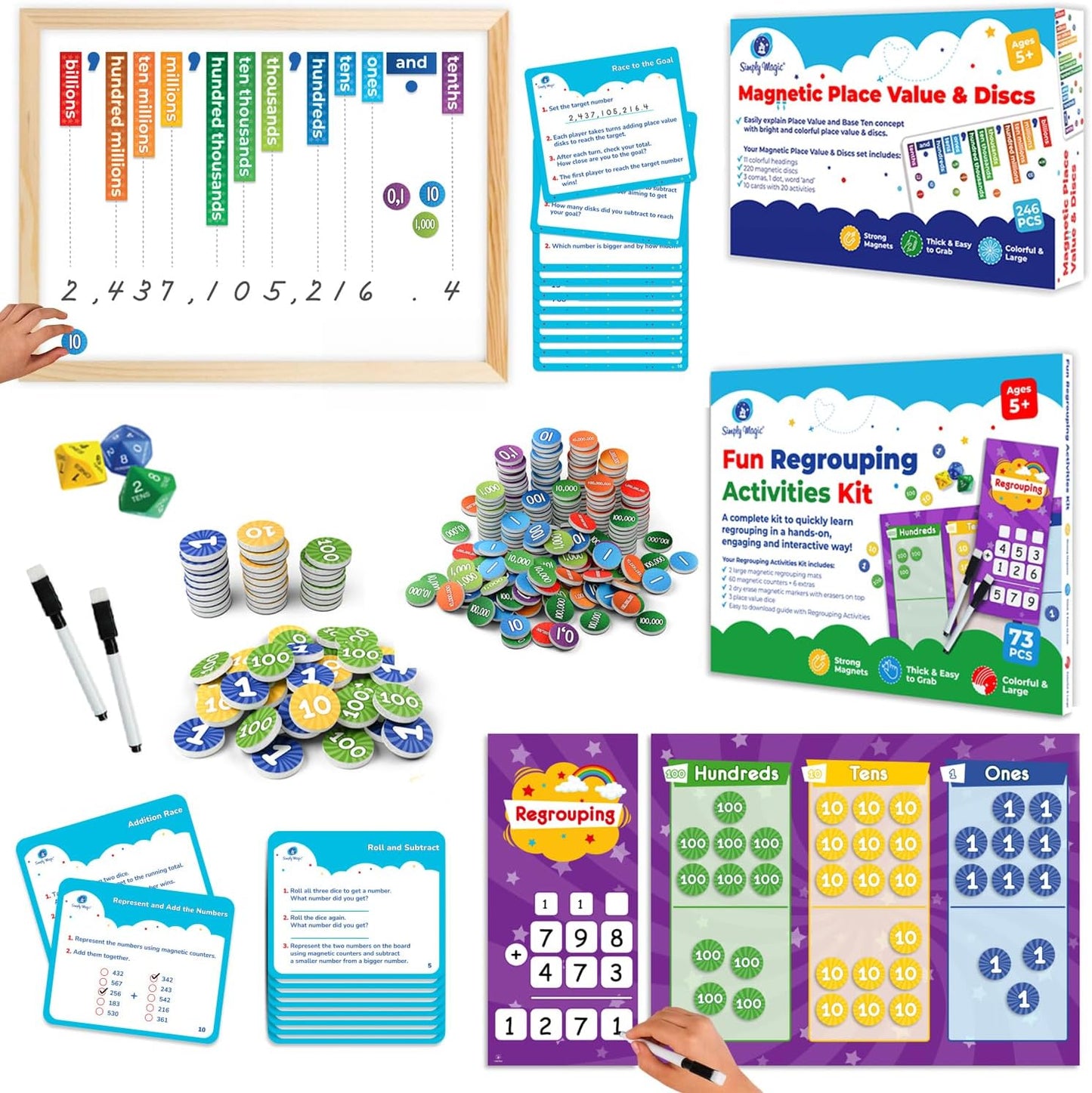 Simply Magic Fun Magnetic Regrouping Activities Kit & Magnetic Place Value & Discs Set for Kids