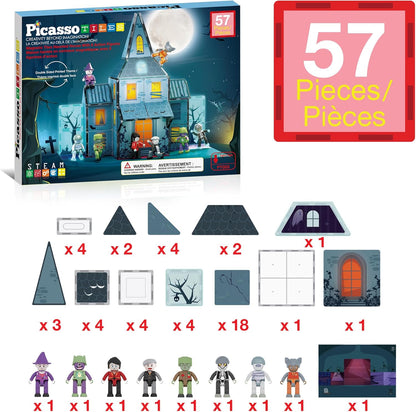 PicassoTiles 60pc Magnetic Tile Princess Castle Building Set with Double Sided Printed Tiles 2 Character Figures STEM Educational Toy Kit for Kids Pretend Play Montessori Learning Ages 3 to 8 PTQ04