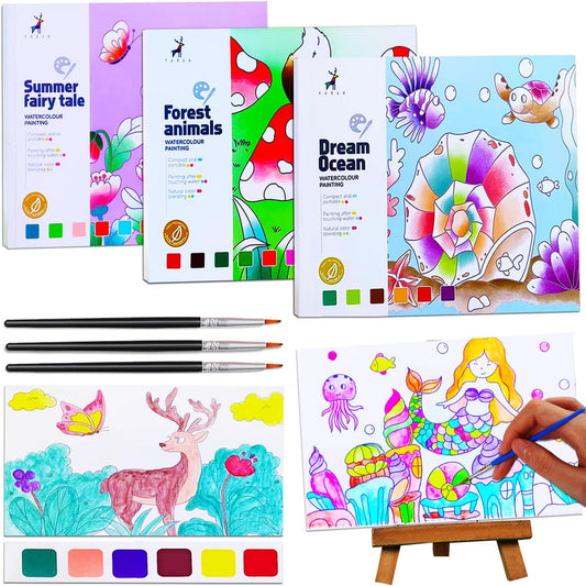 JUNQIU Watercolor Coloring Books for Kids Ages 4-8, Pocket Watercolor Painting Book for Toddlers, Arts and Crafts for Girls Gifts, Stocking Stuffers For Kids