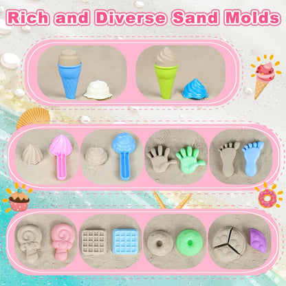Meaicezli Beach Toys, Ice Cream Sand Toys with Collapsible Beach Bucket, Ice Cream Scoop and Cart, Sand Molds, Mesh Bag, Summer Outdoor Travel Toys for Toddlers 3-5
