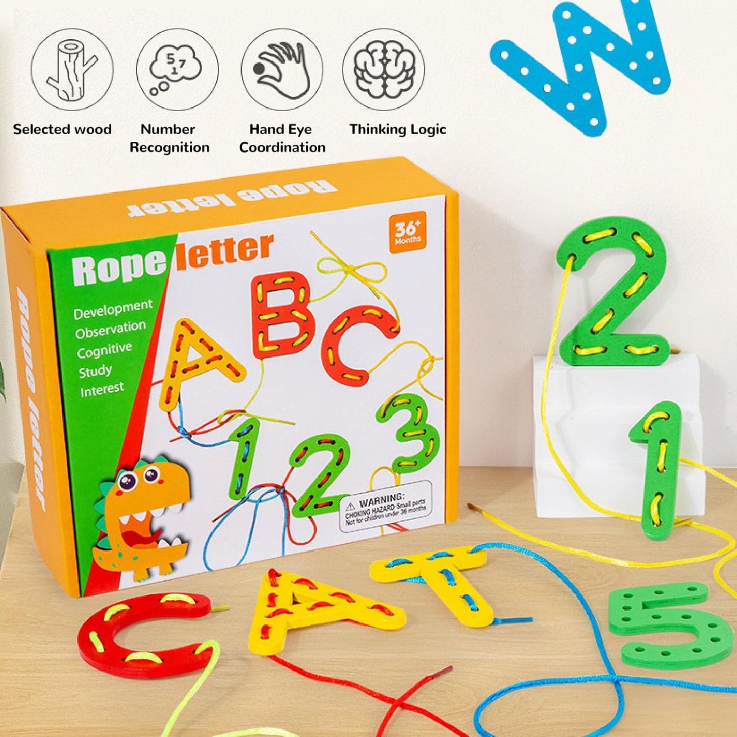 Lacing Alphabet and Number Cards, Wooden Threading Letters Beads with 8 Strings for Early Spelling, Number Alphabet Lacing Cards for Boys Girls