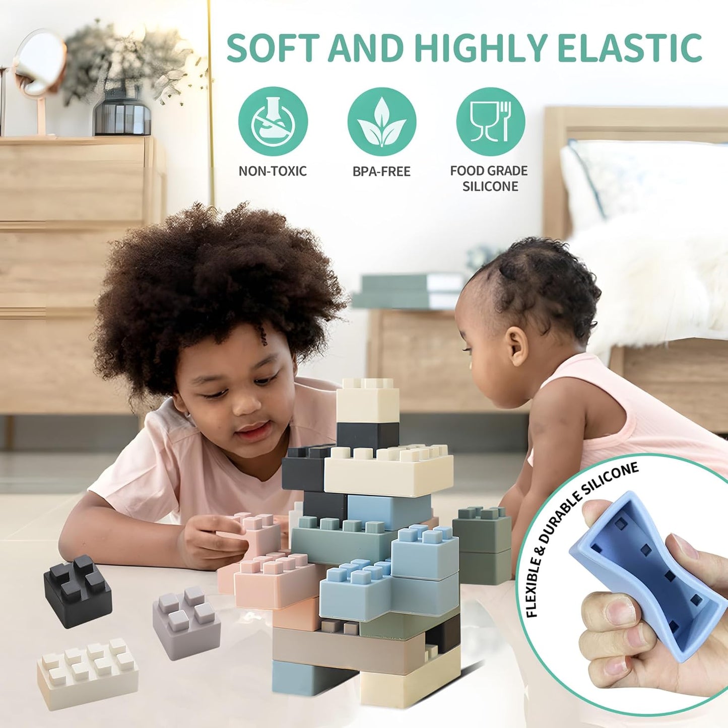 Soft Building Blocks for Toddlers, Large Building Blocks Stacking Blocks for Babies 6 Months and Up Stem Toddler Gifts, Teething Toys, 40 PCS