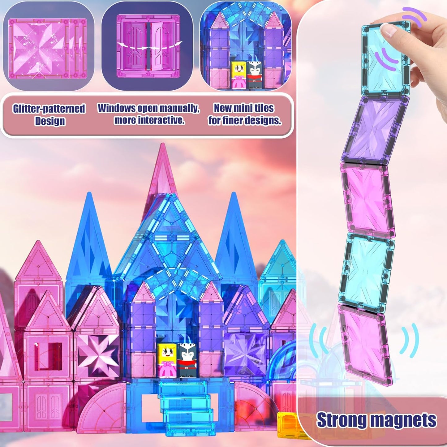 SKTMYY 114pcs Magnetic Tiles for Kids,3D Diamond Princess Ice Castle, Magnetic Tiles Age 3-5 4-8,STEM Educational Toys for Girls Kids Birthday Gift