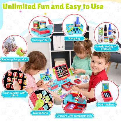 PLAY Kids Cash Register Toy - Pretend Play Calculator Register Toys with Microphone/Conveyors/Play Money/Scanner/Credit Card/Cans/Drink, 3+ Toddler Develops Early Math Skills Learning Toys