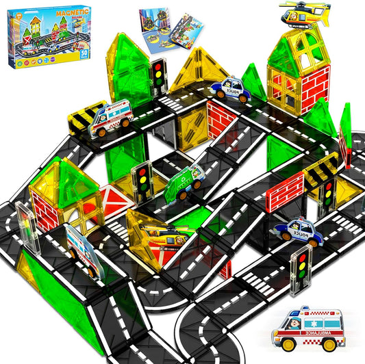 Magnetic Tiles Road Set | Magnet Tiles Race Track, Magnetic Car Racing Tile for Kids Ages 4-8 5-7, Toddler Magnet Building Toys STEM Learning Sensory Birthday Gifts for 3+ Years Old Boys Girls