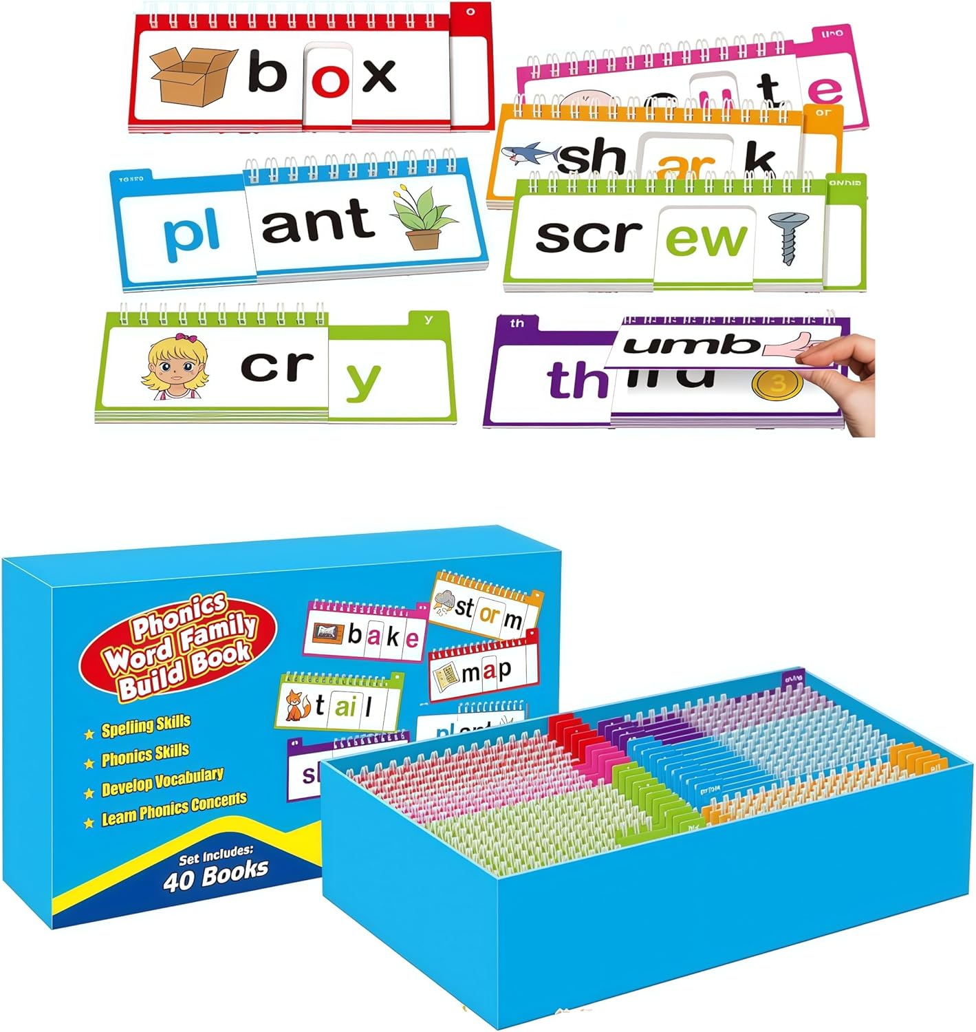 Phonics Word Family Flip Books, 40 Sets CVC Spelling Flash Cards, Educational Sight Words Reading Games, Preschool Kindergarten Learning Toys for Kids, Phonics Spelling Reading Games for Boys Girls