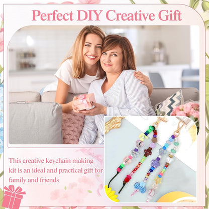 DEMIUKO DIY Bead Keychain Making Kit, 296PCS Beaded Bag Charm Making Kit with Colorful Beads Letter Alphabet Name Beads Flower Heart Jewelry Making Kit Bead Supplies Crafts Gifts