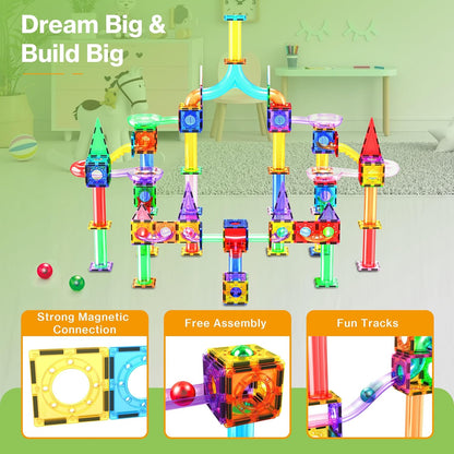 PicassoTiles 108pc Magnetic Marble Run Set with Building Tiles Race Track Car Slides Set STEM Learning Toy 3-in-1 Preschool Construction Kit for Indoor Activity and Development for Kids age 3+ PTG108