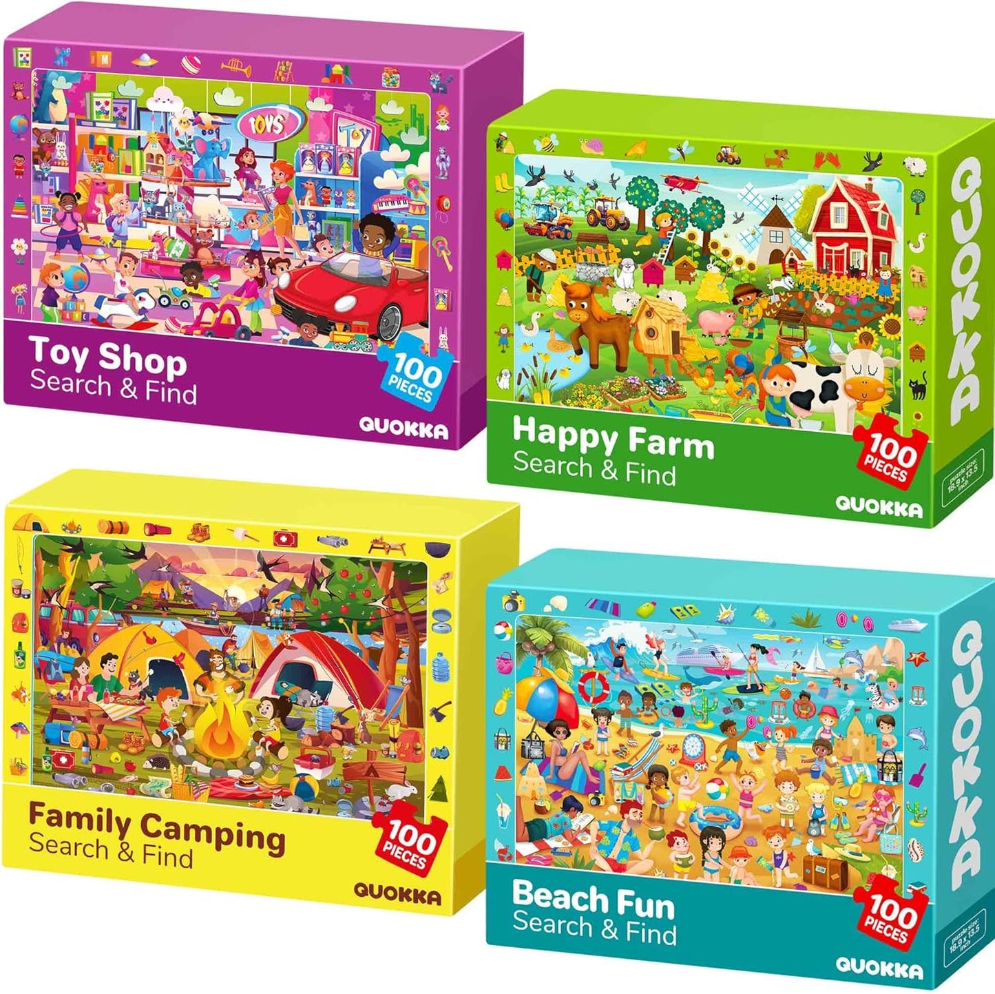 QUOKKA 100 Piece Puzzles for Kids Ages 4-6 - 4 Jigsaw Puzzles for Kids Ages 6-8 - Search and Find Game with Animals, Dinosaurs for Childrens 5-8 - Learning Educational Toys for Boys and Girls 8-11