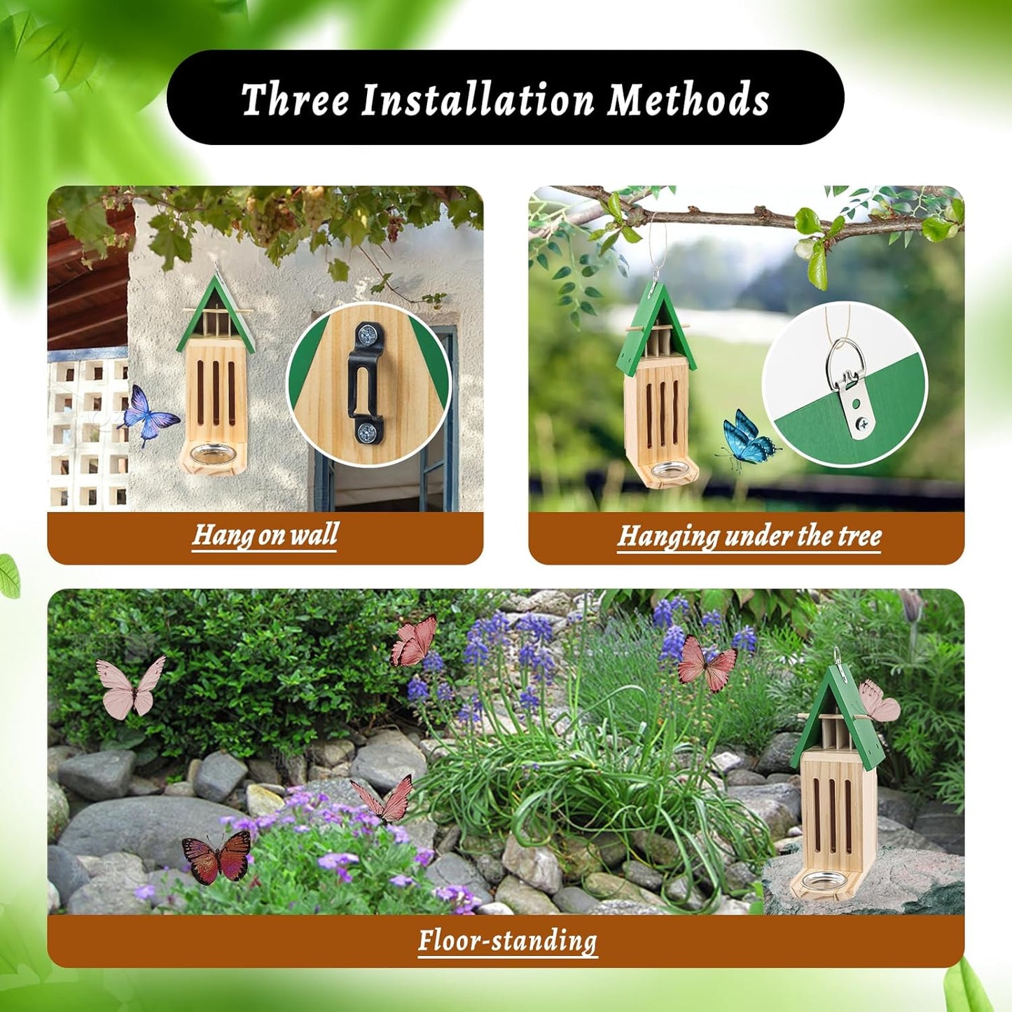 New Butterfly House and Feeder for Outside, Wooden Butterfly House with Metal Stake for Garden, Natural Butterfly Habitat with Butterfly Puddler on The Floor or Hanging on Tree Wall
