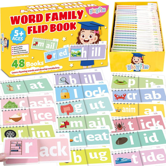 gisgfim 48 Word Family Build Book Read and Rhyme Flip Activity Book ABC Vocabulary Flash Cards Kindergarten Sight Word Learning Activities Learn to Read Games for Kids Homeschool Supplies(Cartoon)