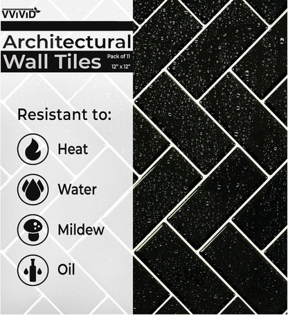 VViViD 11 Sheets Peel and Stick Grey Gloss Faux Ceramic Brick Wall Tiles, Self Adhesive Backsplash 12”x12”, 2mm Thick Kitchen, Bathroom (11 sq. ft.)