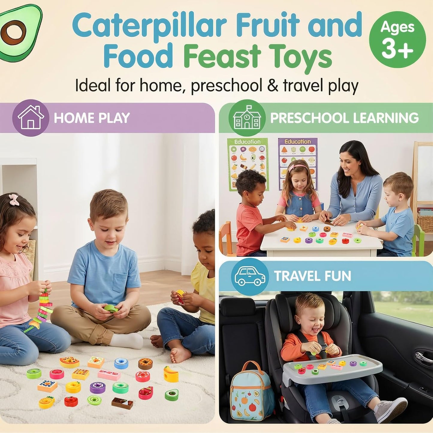 28 Pcs Caterpillar Lacing Toy for Toddlers Fruit Food Threading Toys Learning Lacing Beads Montessori Educational Stringing Threading Beads Fine Motor Skills Gift for Boys Girls 3+
