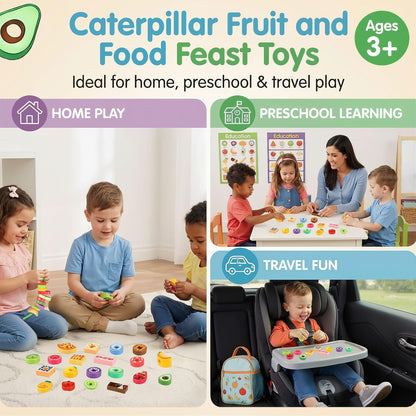 28 Pcs Caterpillar Lacing Toy for Toddlers Fruit Food Threading Toys Learning Lacing Beads Montessori Educational Stringing Threading Beads Fine Motor Skills Gift for Boys Girls 3+