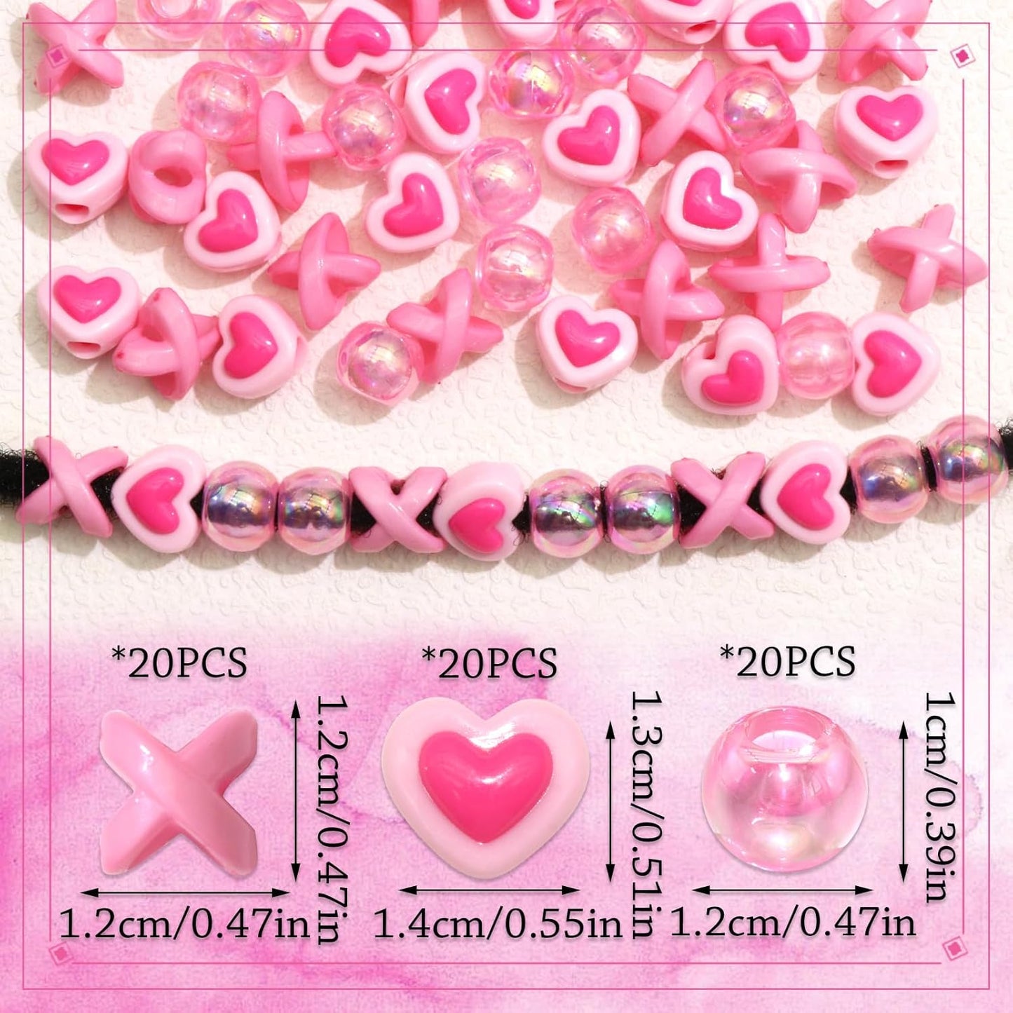 60PCS Pink White Hair Beads for Braids Three Styles Cute Loc Beads Heart Shape Bead for Kids Dreadlock AB Color Round Pony Bead Accessories