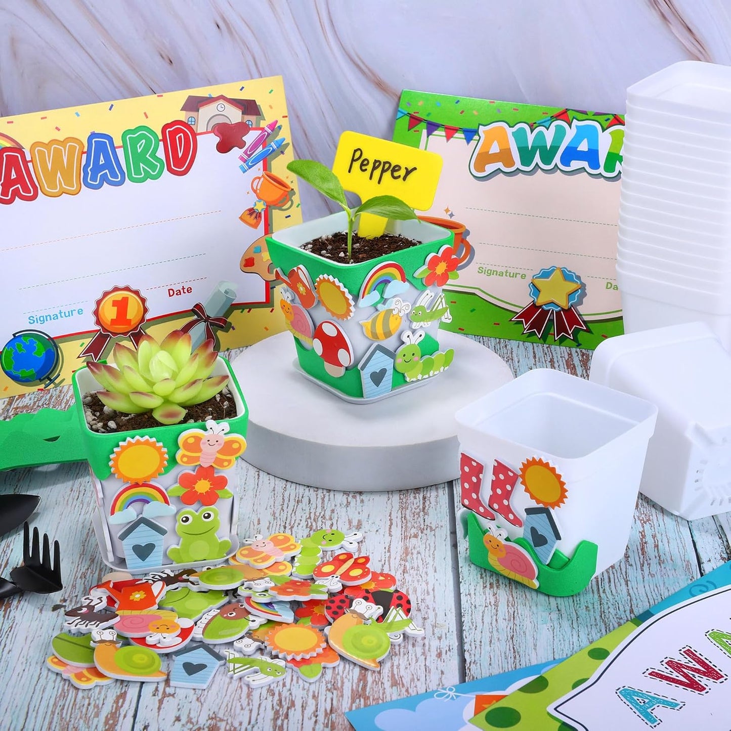 Elcoho 36 Set Garden Plastic Pot Craft Kit Plant Spring Craft Kits for Kids Flower Pots with 150 Foam Stickers 36 Labels 24 Certificate of Awards 3 Tools Planting Growing Kit for Kids, Mixed Colors