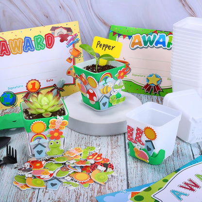 Elcoho 36 Set Garden Plastic Pot Craft Kit Plant Spring Craft Kits for Kids Flower Pots with 150 Foam Stickers 36 Labels 24 Certificate of Awards 3 Tools Planting Growing Kit for Kids, Mixed Colors