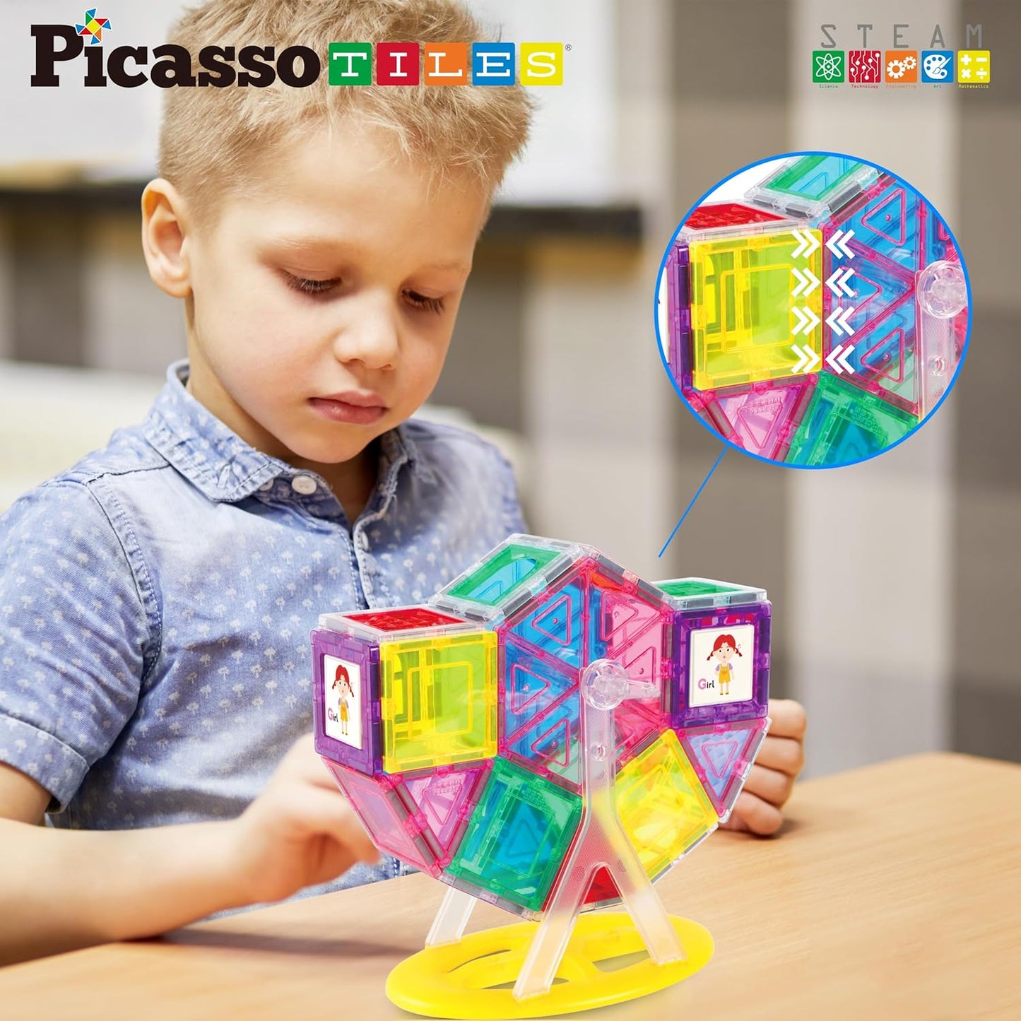 PicassoTiles 101 Piece Magnetic Tile Building Blocks Set with Durable Storage Bag STEM Educational Construction Magnet Toy Kit for Toddlers Preschool Kids Boys Girls Age 3 Plus Indoor Learning PT06