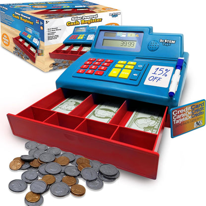 Dr. STEM Toys Solar Powered Calculator Pretend Cash Register with Play Money – 67-Piece Set for Learning Math Skills, STEM Cash Register for Kids (Gray)