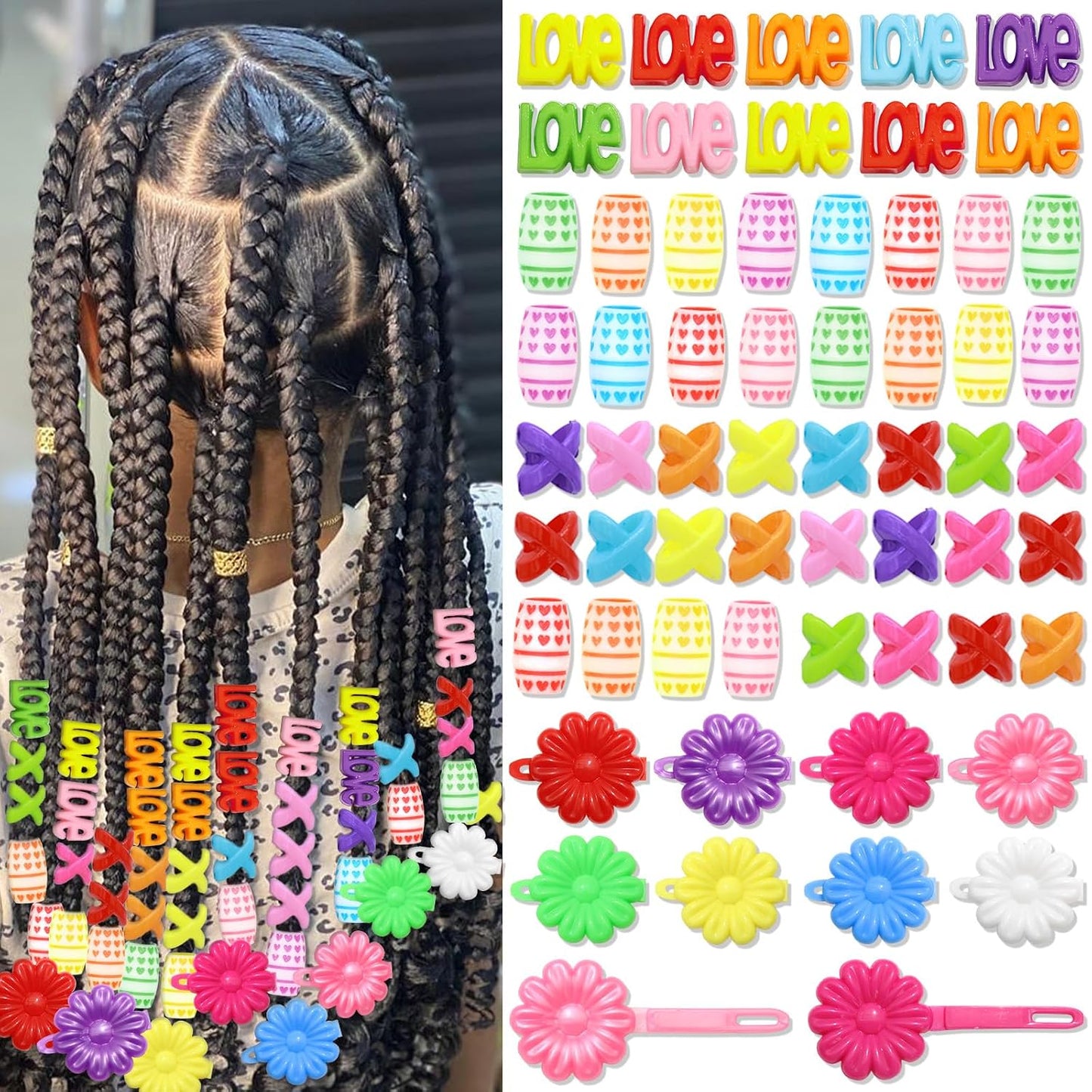 60PCS Colorful Hair Beads 3 Styles Loc Bead Flower Self Hinge Hair Barrettes Cute Design Acrylic Dreadlock Beads Accessories for Kids Girls