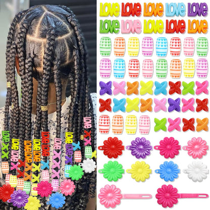 60PCS Colorful Hair Beads 3 Styles Loc Bead Flower Self Hinge Hair Barrettes Cute Design Acrylic Dreadlock Beads Accessories for Kids Girls