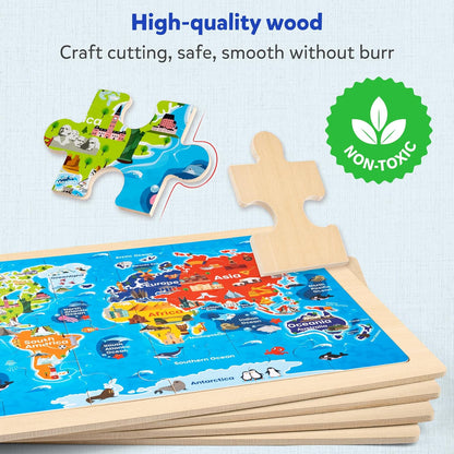 SYNARRY Large US World Earth Solar System Wooden Puzzles for Kids Gift Box(12.2 * 9.4 in), Puzzles for Toddlers 3-5, Wood Puzzles for Kids Ages 4-6, Easter Basket Stuffers Gifts for Kids