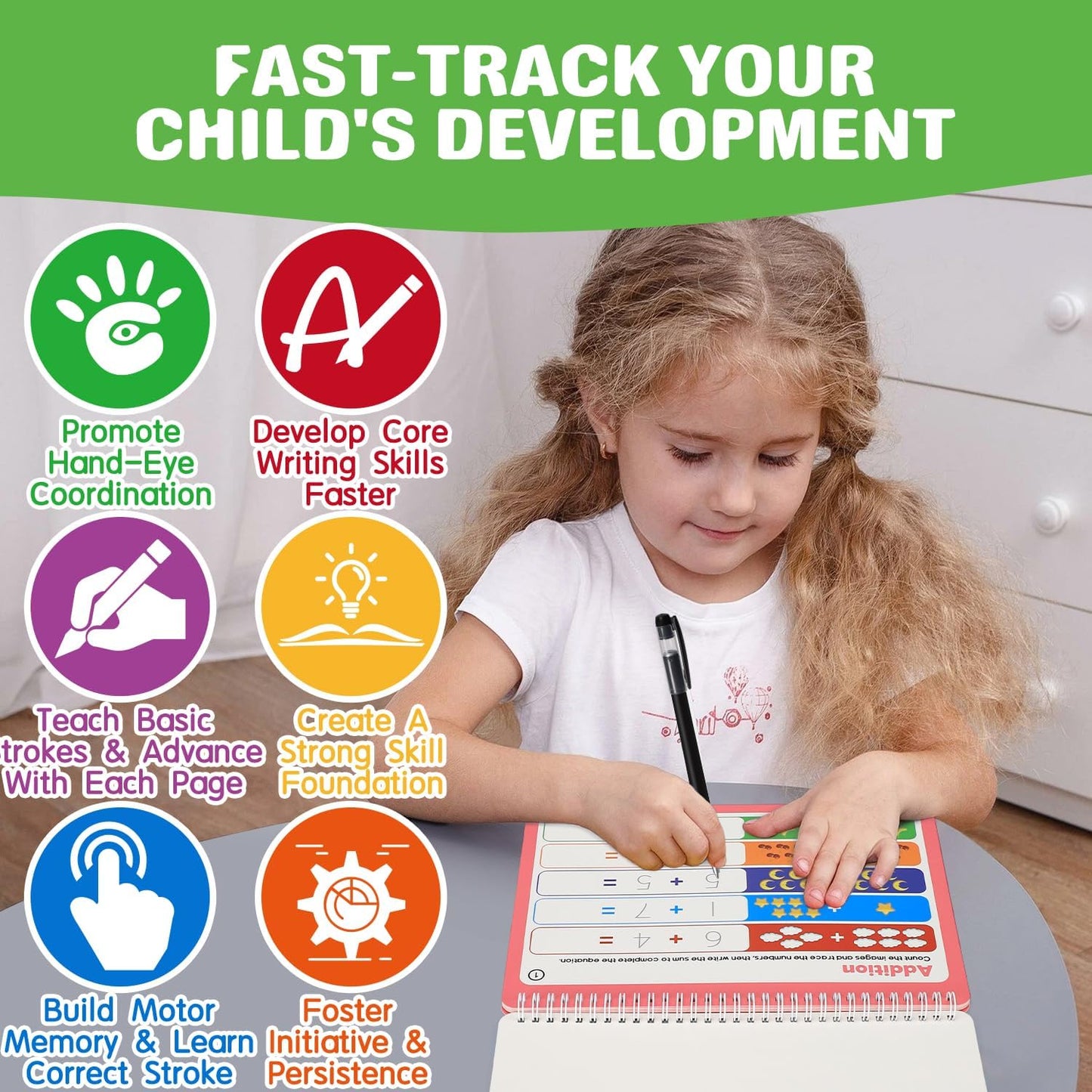 Magic Grooved Writing Practice for Kids Ages 3-8 – Large 11.2"x7.5" Reusable Handwriting Workbook (5 Books) – Preschool Learning Activities, Kindergarten Educational Tracing Toys for Boys & Girls