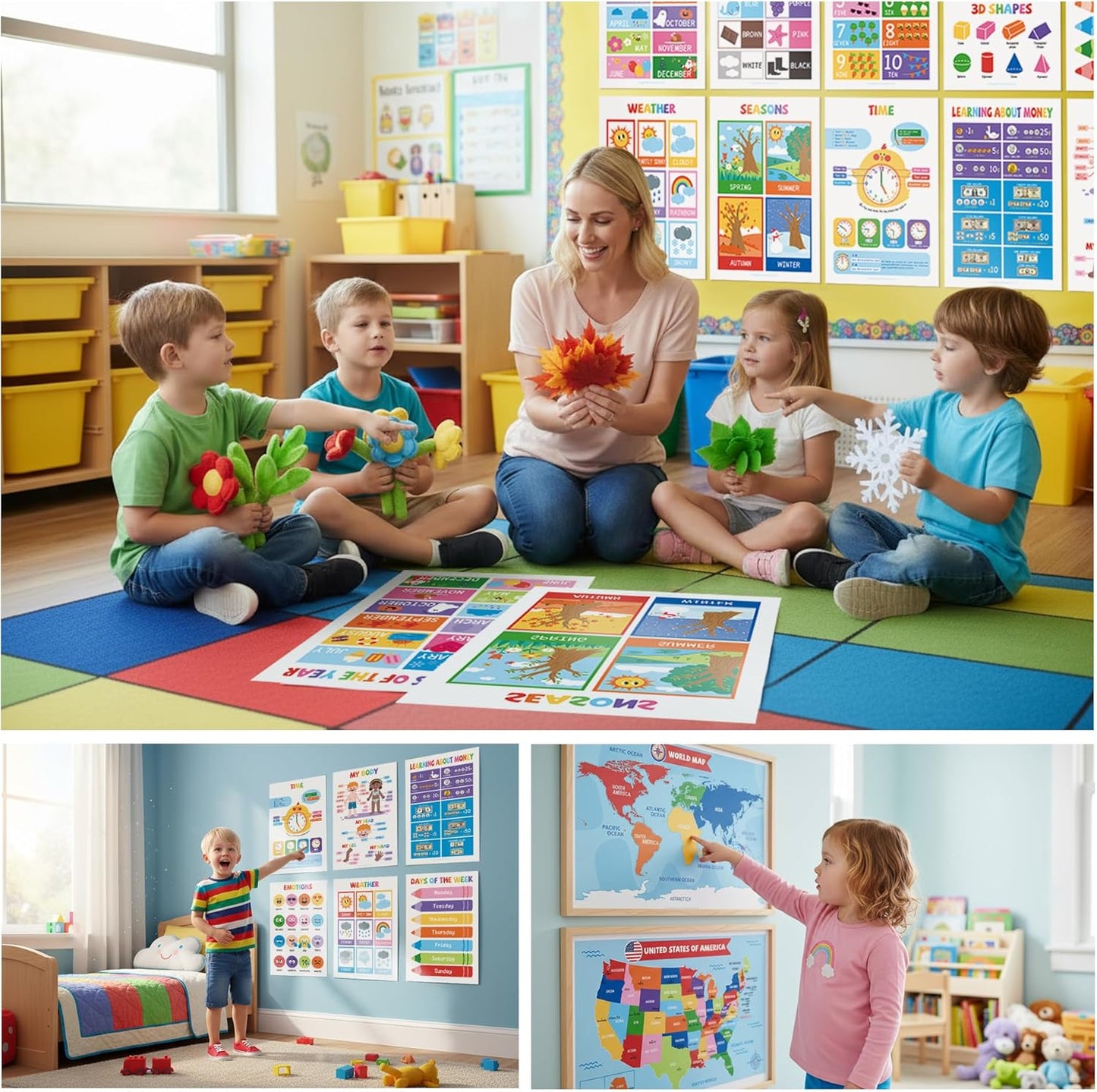16 Laminated Educational Posters for Toddlers & Kids - Homeschool Supplies & Kindergarten Classrooms - Includes Alphabet ABC, Numbers 1-100, Shapes, Colors, World & USA Map (17x11", Ships Flat)