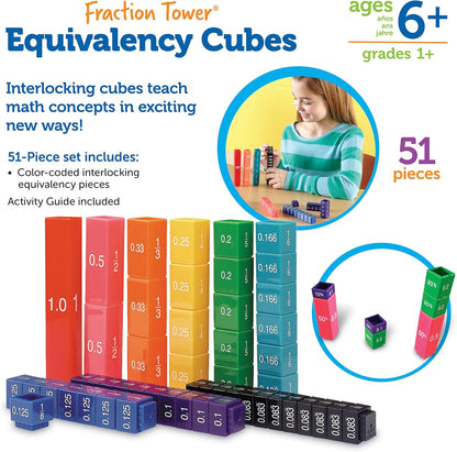 Learning Resources Fraction Tower Equivalency Cubes - 51 Pieces, Ages 6+ Math Toys for Kids, Classroom and Homeschool Accessories, Fractions for Kids