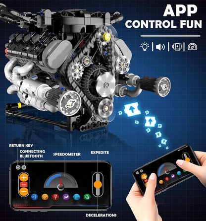 V8 Engine Model Kit that Works with LED Light & APP Control, 8-Cylinder Visible Engine Building Blocks Set, Build Your Own STEM Engineering Kit that Runs, Collection Set for Adults & Kids (715 PCS)