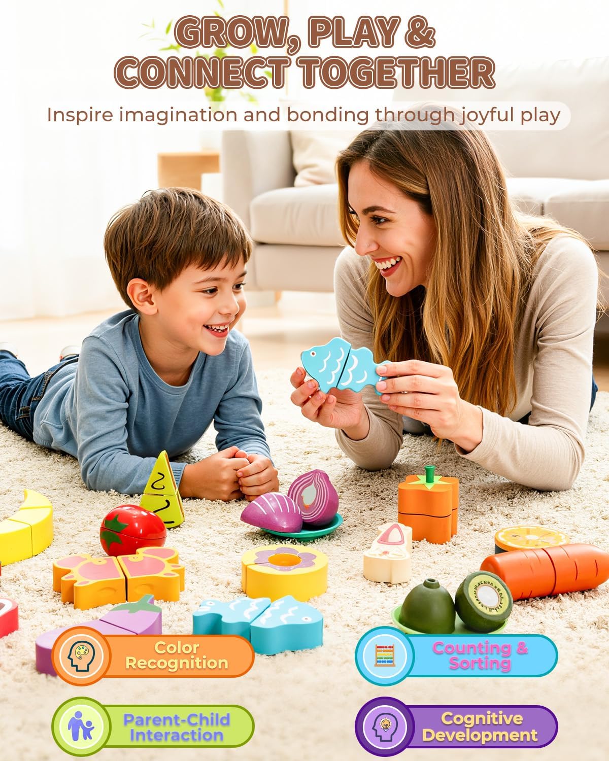 Wooden Play Food Set for Kids Kitchen - Pretend Cutting Toys with Fruits, Vegetables, Meat & Bakery - Montessori Sorting Toy for Boys & Girls Ages 3-8 - Ideal Gift for Christmas & Birthday
