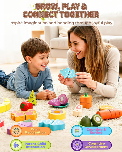 Wooden Play Food Set for Kids Kitchen - Pretend Cutting Toys with Fruits, Vegetables, Meat & Bakery - Montessori Sorting Toy for Boys & Girls Ages 3-8 - Ideal Gift for Christmas & Birthday