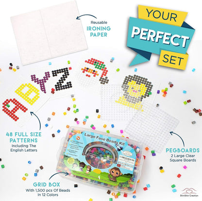 shinshin creation Fuse Beads Kit for Kids - 1500 Large 10mm Melty Iron Beads with Pegboards, 48 Patterns - Arts and Crafts for Boys and Girls Ages 4-7