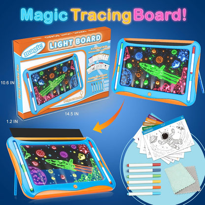 YUBALEER Magic LED Drawing Board for Kids, Toys for Boys Ages 5-7, Light Up Tracing Pad with 9 Double-Sided Cards, 6 Washable Pens, Glow Up Toys for Kids 4-6 Year Old Christmas Birthday Gifts