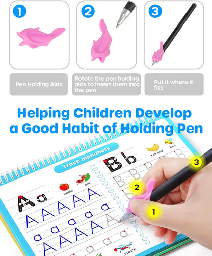 D-FantiX 4 in 1 Large Magic Grooved Writing Practice for Kids Age 3-5, Reusable Grooved Handwriting Practice for Kids 5-7, Learn to Write Number Letter Tracing Books for Kids Kindergarten Preschool