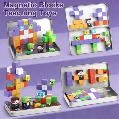 QOUBAI 45PCS Mini Magnetic Blocks Travel Toys, Magnet Building Cubes Tiles Set with Portable Iron Case, Learning Activities Gifts for Kids Toddlers Boys & Girls Ages 3-8 (Construction)