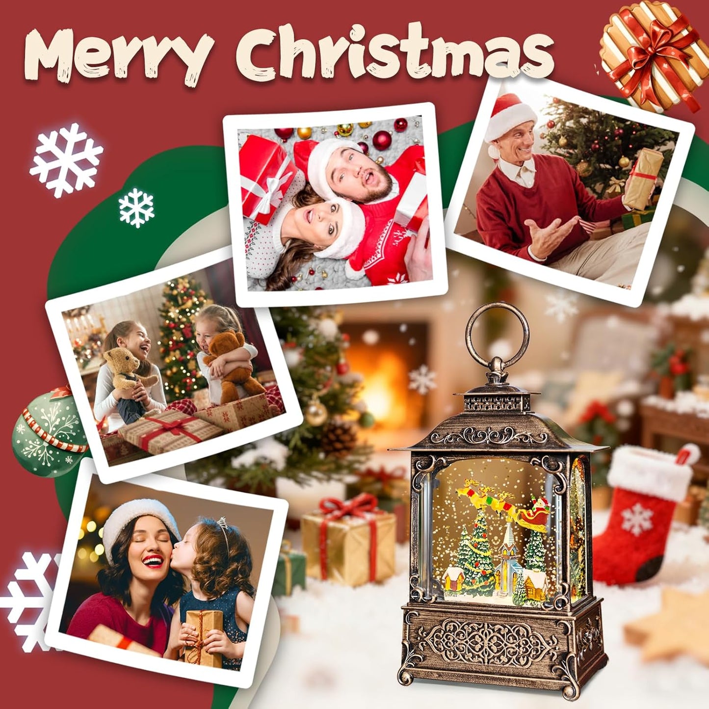 Christmas Snow Globes Lantern, Church and Christmas Tree Christmas Decorations Indoor, 6H Timer Battery & USB Powered Light Up Musical Snow Globes for Kids Women Adults Gift Thanksgiving Home Decor