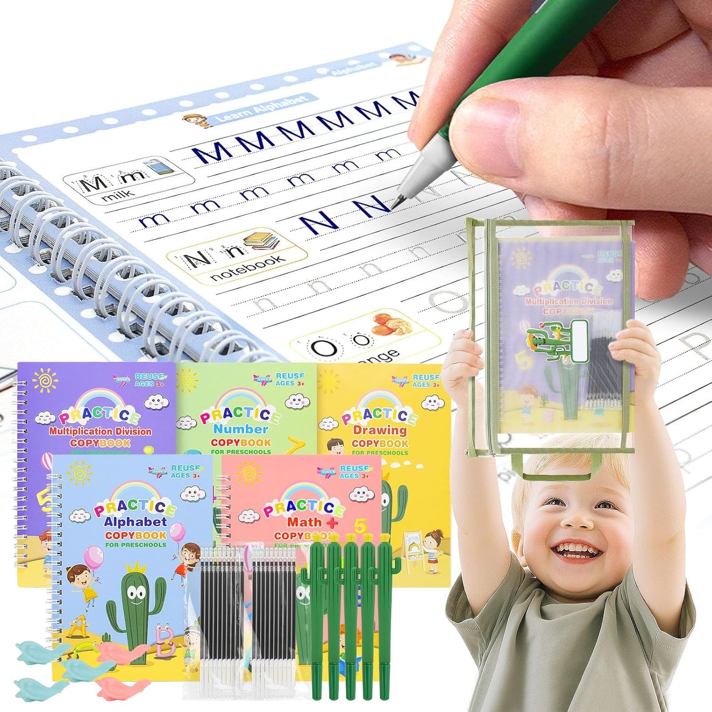 BYFWH Magic Groove Practice Copybook for Kids, Reusable Writing Practice Books, Grooved Handwriting Book Set for Kid Ages 3-8 Calligraphy 5.59 * 7.91 (5 Medium Books with Cactus Pens & Gift Box)