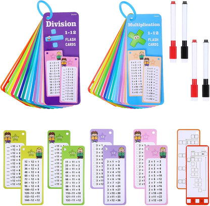 30PCS Reusable Multiplication Flash Cards&Division Flash Cards with 4 Dry Erase Pens 2 Rings,Math Flashcards for 1st to 3rd Grades,Math Games for Classroom and Home