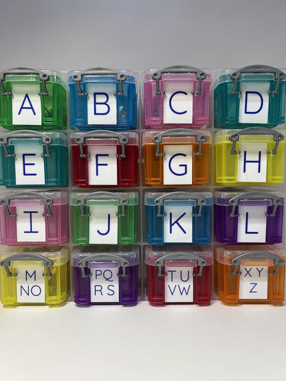 Alphabet Learning Kit with Objects for Beginning Sounds, 7 Objects Per Letter, Storage Boxes with Uppercase Labels