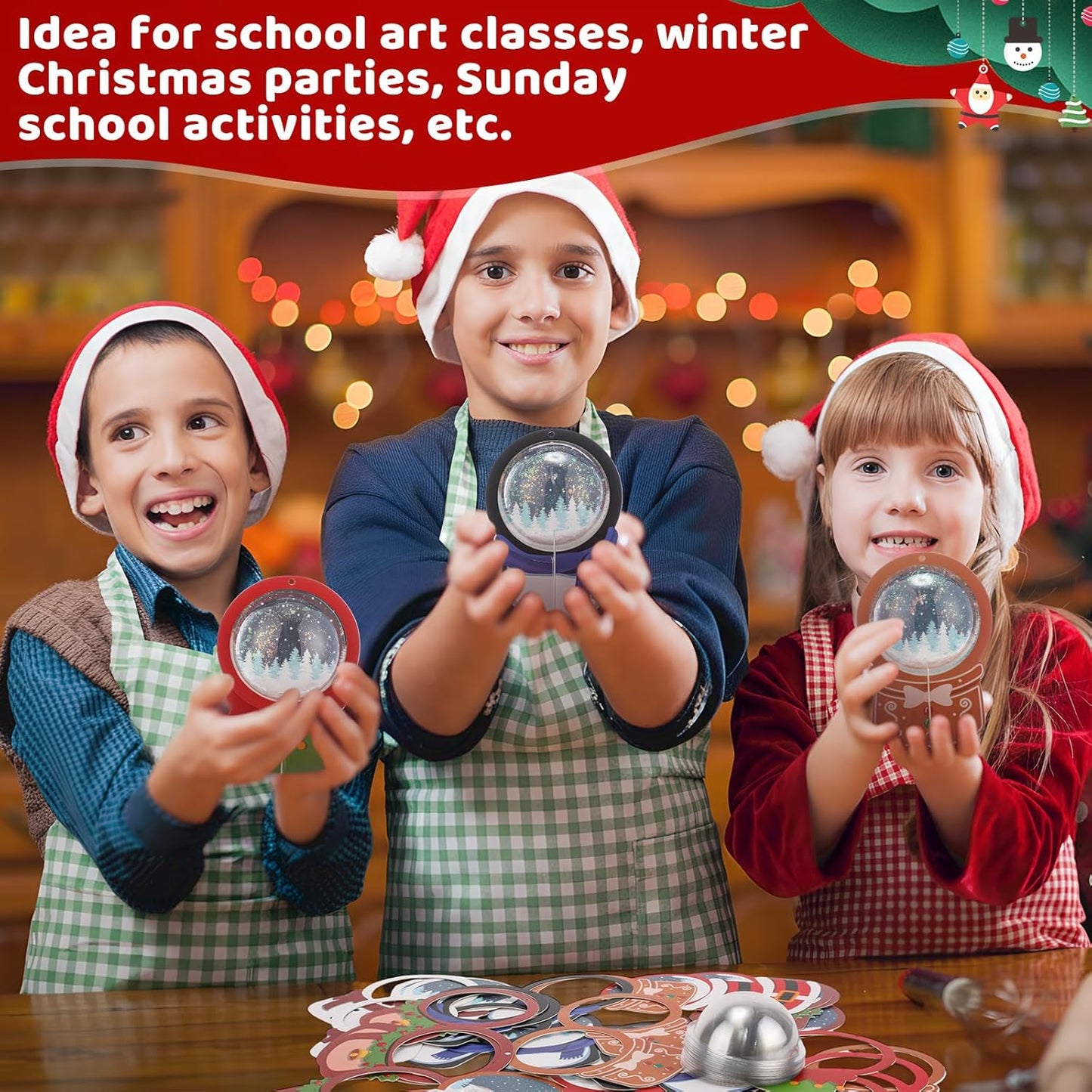 Threehoney 24 Pack Winter DIY Snow Globe Craft Kit for Kids Christmas 3D Shaking Snow Globe Hanging Ornament for Xmas Tree with Glitter Sequins Papers 3D Half Balls and Cards(Blue+Purple)
