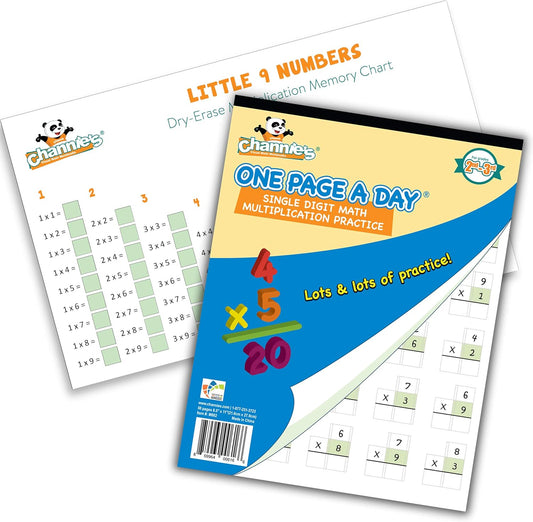 Channie’s Math Practice Combo Pack for Elementary School Students, One Page a Day Workbook and Little 9 Little Numbers Reusable Dry Erase Poster for Practicing Single Digit Multiplication Problems