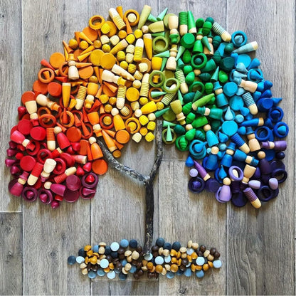 Candywood Large Set Full Rainbow Color Style Wooden Loose Parts Sensory Play Toys, Mandala 7 Shapes, 27 Colors, Stacker Nesting Toys Parts(81 PCS)…