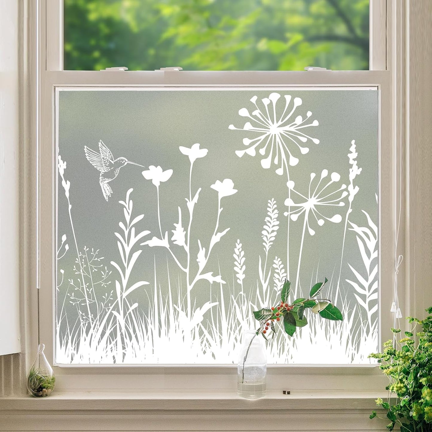 DKTIE Window Privacy Film Flowers Pure White Pattern Stained Glass Window Film Decorative Frosted Glass Window Film Sun Blocking Heat Control Static Cling (A274, 17.5" x 78.7")