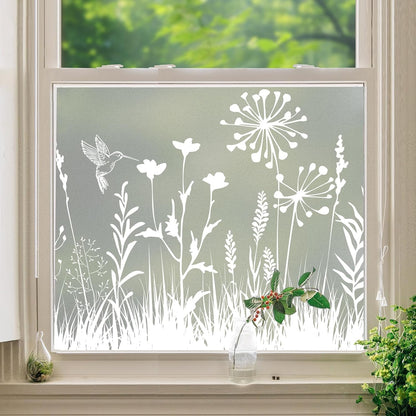 DKTIE Window Privacy Film Flowers Pure White Pattern Stained Glass Window Film Decorative Frosted Glass Window Film Sun Blocking Heat Control Static Cling (A274, 17.5" x 78.7")