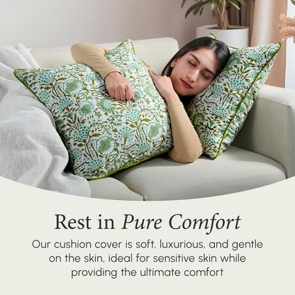 CPC 100% Cotton Throw Pillow Covers 18x18 Inch, Set of 2 Green Block Print Pattern Couch Pillow, Cute Boho Decorative Pillows for Living Room, Bedroom with Hidden Zipper- Agate Green
