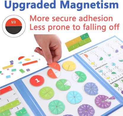 Magnetic Fraction Playbook & Fraction Manipulatives Set, Montessori Magnetic Fraction Book for Kids Grades K-3, Math Manipulatives with Fraction Tiles and Circles, Educational Fraction Games & Puzzle