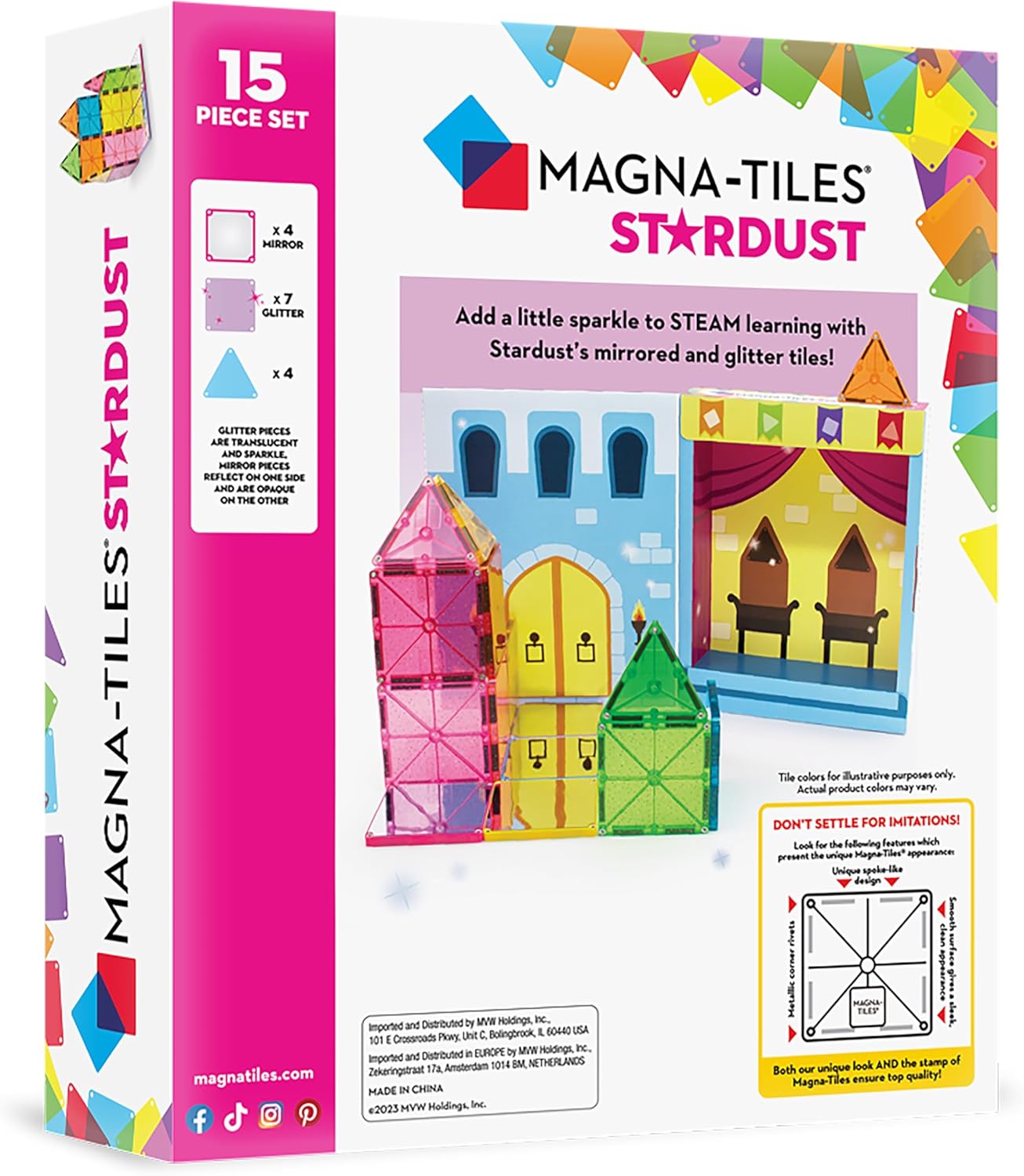MAGNA-TILES Stardust 15-Piece Magnetic Construction Set, The ORIGINAL Magnetic Building Brand, 3-99 Years with 4 Mirrored Squares